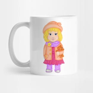 Baby girl in hat and spring clothes with a toy. Spring print Mug